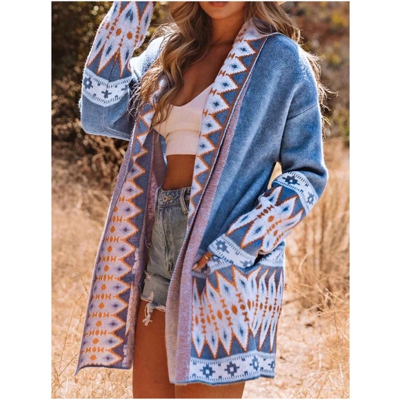 Sweaters - 040 Cozy Blue Tribal Western Open Front Pocket Cardigan